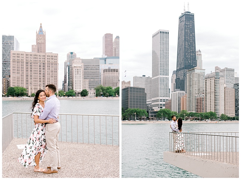 couple kissing during their engagement photos at olive park chicago