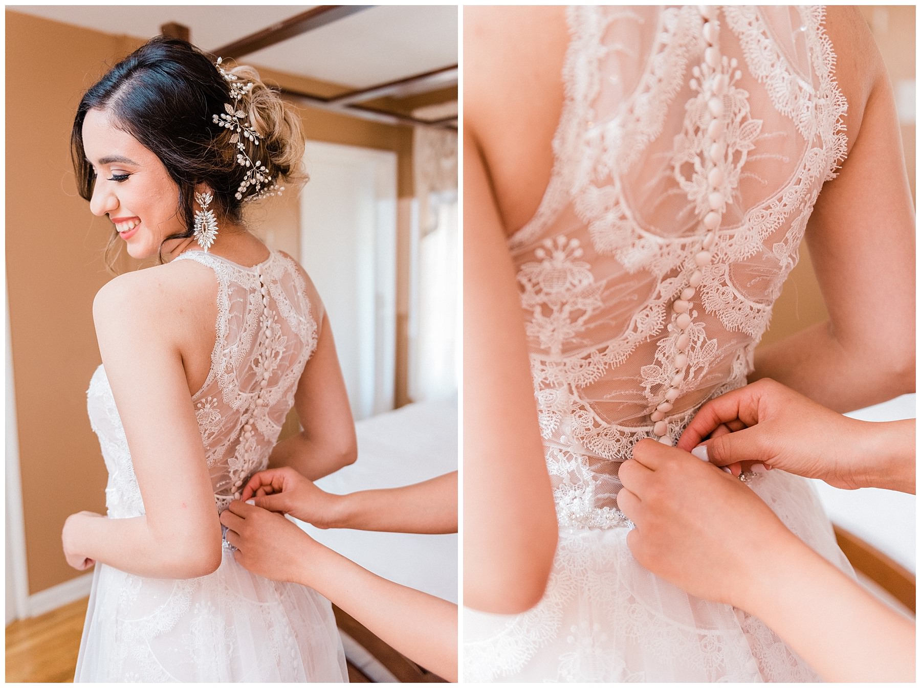 close up photo of a bride getting ready, closing the buttons on her dress