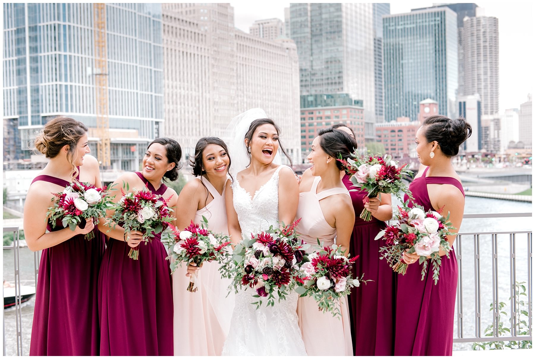 bride and her bridesmaids photo by the chicago river walk