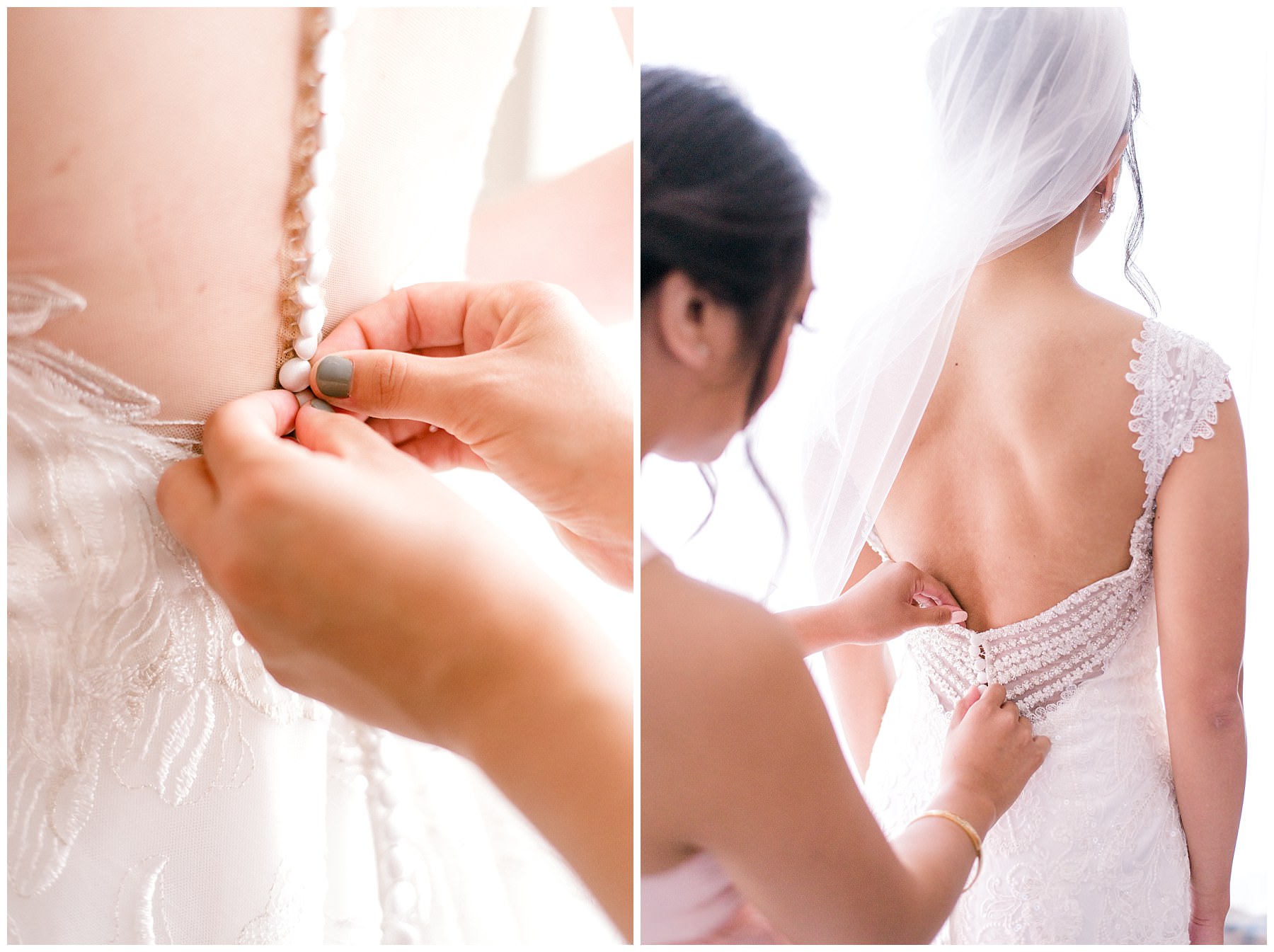 a bridesmaid closing the buttons of the brides dress