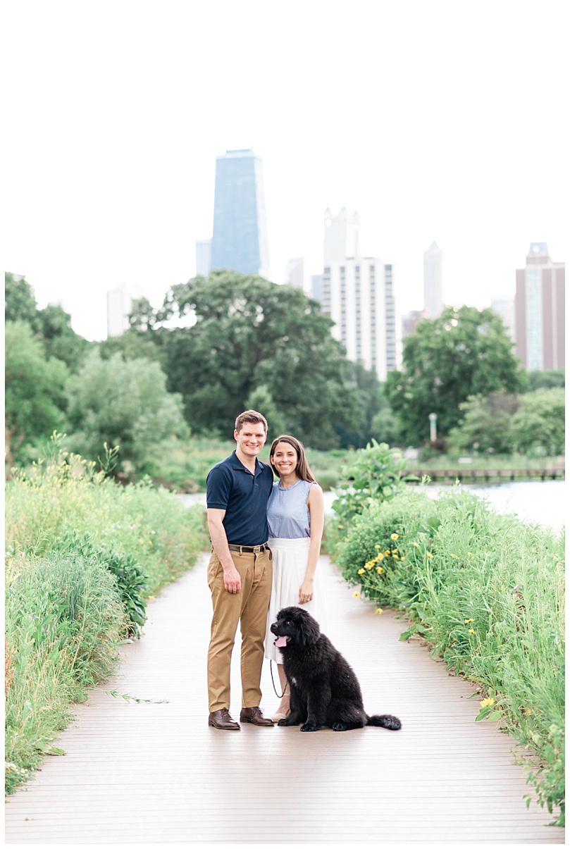 engagement photo with dog at the Lincoln Park South Pond