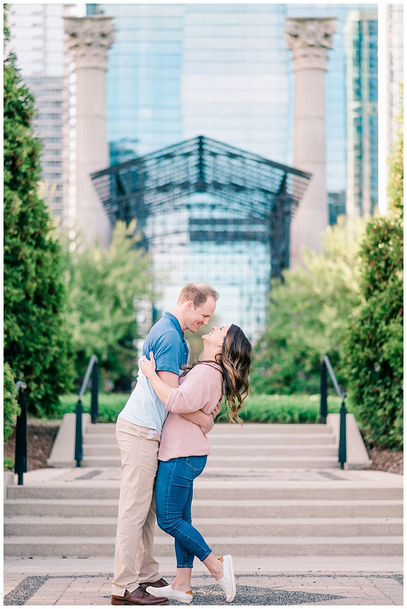 engaged couple during their engagement session in Millenium Park downtown Chicago